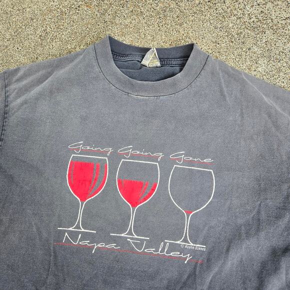 Vtg 90s NAPA VALLEY Going Going Gone Wine Glasses Sunfaded Tee Shirt L USA Made - Picture 3 of 6